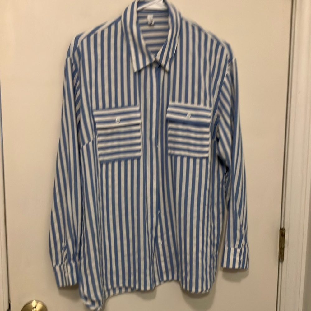 Blue and White Striped Button-Up Shirt